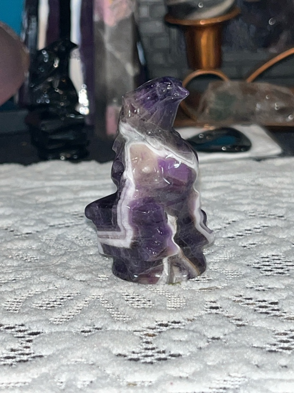 Chevron amethyst raven on skull and books